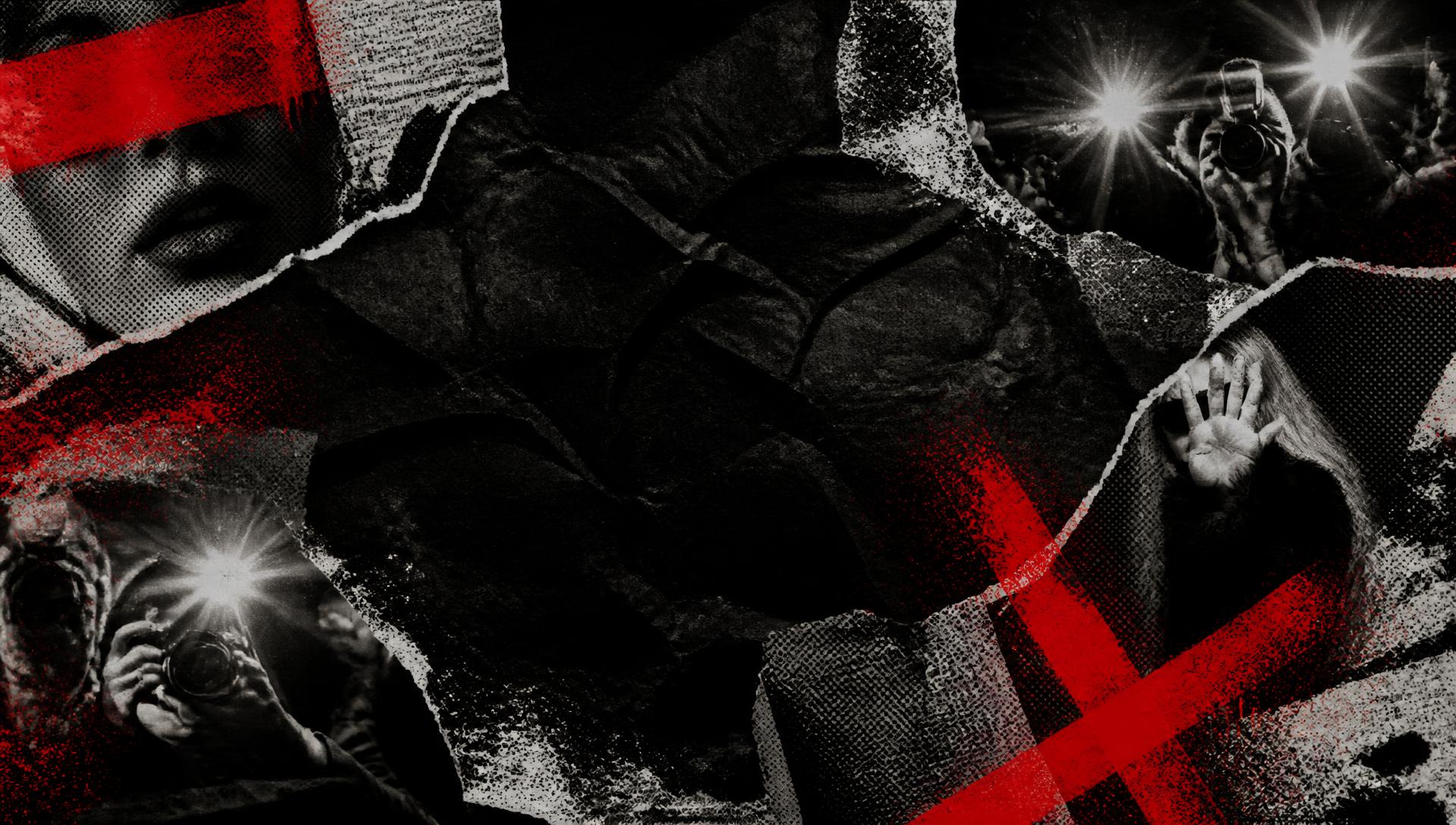 Torn newspaper collage with paparazzi flashbulbs and red slashes